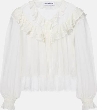 Self Portrait Gathered georgette and lace blouse