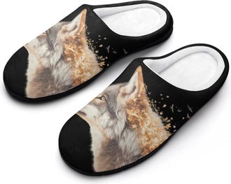 Generic Wolf Golden Leaves Birds Mens Slippers Slip On Comfortable Fleece Cotton House Shoes Winter