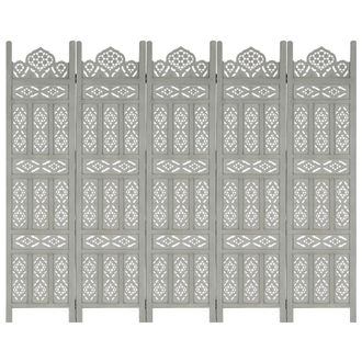 Berkfield Home Hand carved 5-Panel Room Divider Grey 200x165 cm Solid Mango Wood