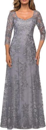 La Femme Long Lace A-line Three Quarter Sleeve Gown in Silver at Nordstrom, Size 18