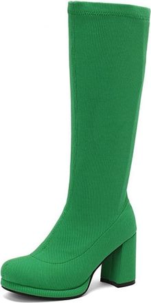 Generic Womens Knitted Block Heel Round Toe Knee High Boots Slip On Comfort Versatile Winter Shoes (5.5,Green)