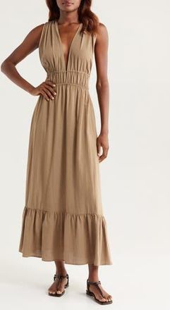 Nordstrom Ruched Plunge Maxi Cover-Up Dress in Olive Covert at Nordstrom Rack, Size Large