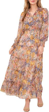 Chaus Floral Metallic Smocked Waist Long Sleeve Tiered Midi Dress in Ivory/multi at Nordstrom, Size Medium