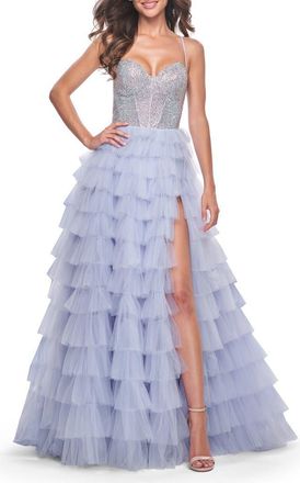 La Femme Ruffle Tulle Prom Dress with Rhinestone Bodice in Light Periwinkle at Nordstrom, Size 10