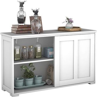 Costway Costway - Aparador Buffet Con Puertas Correderas Armario Almacenaje Multiusos Estanter&iacute;a De Madera Para Cocina Comedor Beige