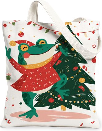 Generic Christmas Amphibian Canvas Tote Bags, Adorable Animal Design Reusable Grocery Bags, Holiday Lightweight Washable Shoulder S, White, 13x15 Inch