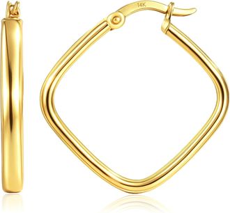 MAX + STONE Solid 14K Yellow Gold 24mm Square Hoop Earrings with Secure Closure