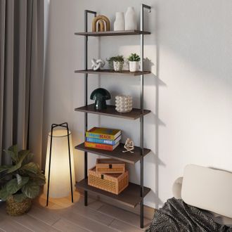 Happimess Madera Classic Industrial 5-Shelf Wood Wall-Mounted Open Ladder Bookcase with Metal Frame