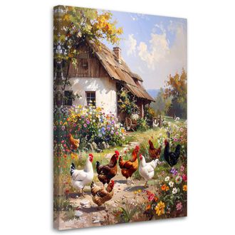 Feeby Cuadro En Lienzo Paisaje Rural Gallinas Animales Naturaleza 70x100