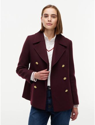 Tommy Hilfiger Womens Gold-Button Twill Peacoat - Deep Burgundy - XS