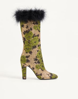 Valentino Garavani Hotty Boot In Lurex Jacquard Fabric And Feathers 100MM Wo