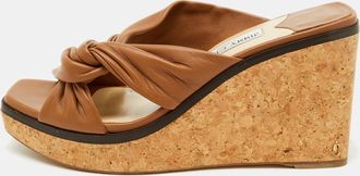 Jimmy Choo London Brown Leather Narisa Cork Platform Wedge Sandals