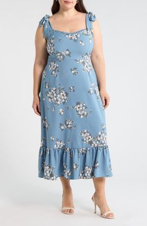 Sugarlips Moxie Floral Baker Tie Strap Midi Dress in Blue-Multi at Nordstrom, Size 2X