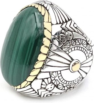 Jalan Jalan 925 Sterling Zilveren Ring met Ovale Malachiet - unisex - Ringen - Veelkleurig - 58 MM - Accessoires