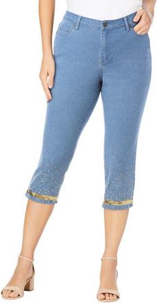 Roaman's Plus Size Sequin Trim Straight Leg Capri Jean in Gold Sequin Trim at Nordstrom, Size 32