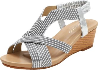 Generic Womens Bohemian National Style Summer Holiday Travel Sandals with Open Toe Comfort Slope Heel Design (Silver, 4.5)