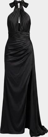 Mac Duggal Satin Side-Slit Halter Gown