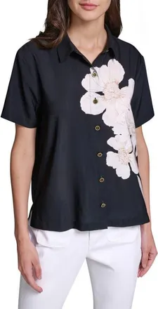 Karl Lagerfeld Floral Print Woven Shirt in Midnight/navy Multi at Nordstrom, Size X-Large