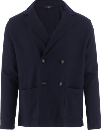 HUGO BOSS Structured Navy Stretch Wool-Blend Jacket With Double-Breasted Closure