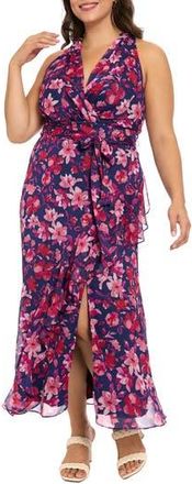 London Times Tie Waist Maxi Dress in Navy/Salmon at Nordstrom Rack, Size 24W