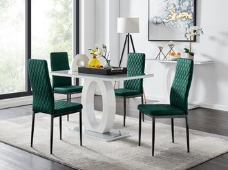 Furniturebox Giovani 4 Grey Dining Table & 4 Velvet Milan Black Leg Chairs in Green