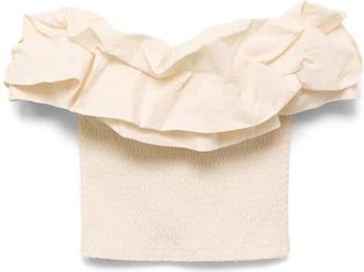 Mango Smocked Ruffle Tube Top in Ecru at Nordstrom, Size Medium