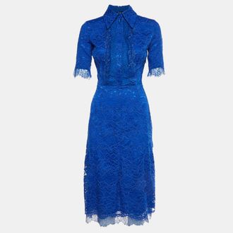 Elisabetta Franchi Blue Guipure Lace Short Sleeve Midi Dress