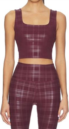 Beyond Yoga High Cropped Tank Top In Plaid Foil Burgundy