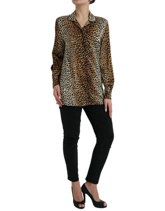 Dolce & Gabbana Womens Brown Leopard Print Long Sleeves Blouse Top Silk Elastane