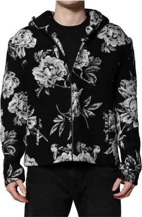 Dolce & Gabbana Zwarte Wol Bloemenprint Hoodie Jas - Heren - Zomerjassen - Zwart - M - Wol - Jassen