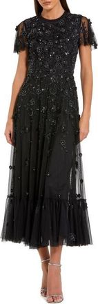 Mac Duggal Petite Embellished High Neck A-Line Dress with Flutter Sleeves in Black at Nordstrom, Size 16
