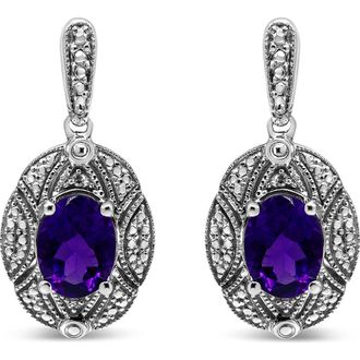 House of Brilliance Silver Diamond Accent and 8x6mm Purple Oval Amethyst Stud Earrings in White at Nordstrom