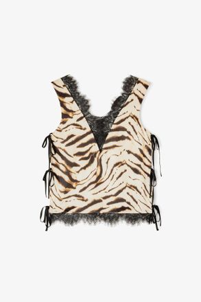 Ganni White Top in Printed Satin - Size 10/12 Viscose