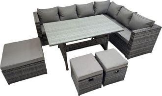 Fimous Rattan Garden Furniture Set Outdoor 9 Seater Patio Dining Corner Sofa Sets with Dining Table 3 Footstool Dark Grey Mixed - Fimous