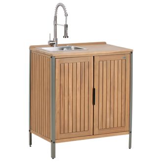 Beliani Armario De Cocina Exterior De Madera De Acacia 2 Puertas 2 Estantes Con Fregadero Y Grifo 50 X 80 X 92 Cm Encimera De Madera Maciza Marr&oacute;n Ivrea