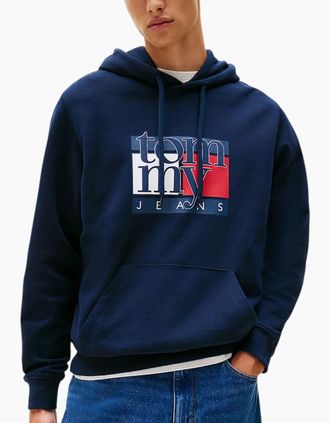 Tommy Hilfiger Mens Tommy Hilfiger Mens Tommy Jeans Red Flag Hoodies Cotton Pullover New Top - Navy - Size: 42