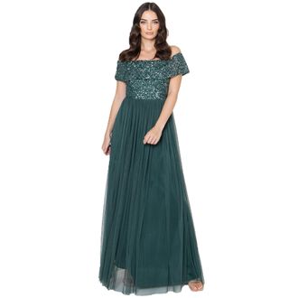 Maya Womens Ladies Bardot Dress Maxi Embellished Hight Empire Waist Sleeveless Tulle for Wedding Guest Prom Graduation Bridesmaid, Emerald Green, 22