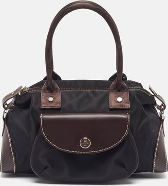Lancel Front Pocket Black/dark Brown Nylon And Leather Satchel