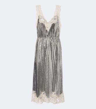 Paco Rabanne Abito midi in maglia metallica con pizzo