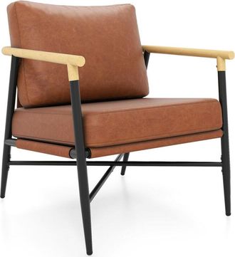Costway Accent Chair Modern Upholstered Reading Seat with Back Pillow Metal Frame Brown 74x68x86cm