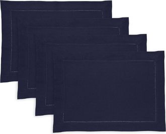 Solino Home Linen Placemats Set of 4, 14 x 19 Inch for Dining Table, Holiday and Everyday Table Decor - Medium Weight Hemstitch in Navy at Nordstrom