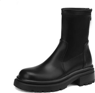 Generic Womens PU Leather Suede Ankle Boots Round Toe Thick Lug Sole Side Zipper Stretch Upper Soft Lining Cushioned Insole Durable Non-Slip Outsole,Black PU,