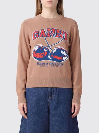 Ganni Maglia girocollo in cotone con logo jacquard a contrasto