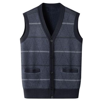 Generic Mens Striped Knitted Wool Vest, Button-Up Sleeveless Sweater, Warm Winter Thermal Gilet for Men, Classic V-Neck Woolen Waistcoat, Soft Sleeveless Card