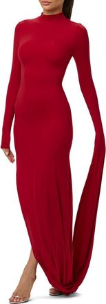 Naked Wardrobe Drape Long Sleeve Maxi Dress in Ruby Red at Nordstrom, Size X-Small