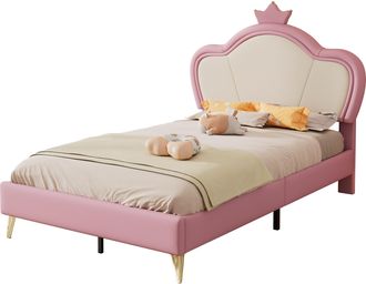 STILVORA Cama Infantil Individual Con Cabecero De Corona Y Bordes Acolchados, 90 X 200 Cm, Sin Colch&oacute;n, Rosa Y Blanco