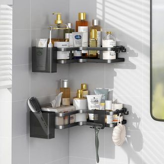 OEM Estante Triangular De Pared Para Ba&ntilde;o Con Doble Estante + Soporte Para Pasta De Dientes2 + Soporte Para Maquinilla De Afeitar1, Color Negro, 25255,2 C