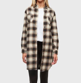 tentree Hayden Flannel Mini Dress In Warm Oak Shadow Plaid