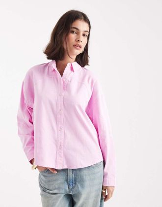 French Connection Dana - Camicia in denim rosa con cuciture a vista
