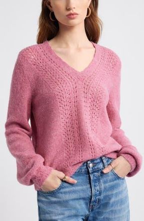 Treasure & Bond Oversize Pointelle V-Neck Sweater in Pink Haze at Nordstrom Rack, Size X-Large